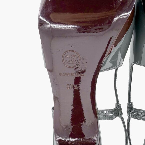 Chanel Gray Burgundy Patent Cap Toe Slingback Platform Pumps Size 37.5 US 6.5–7 - Picture 13 of 15